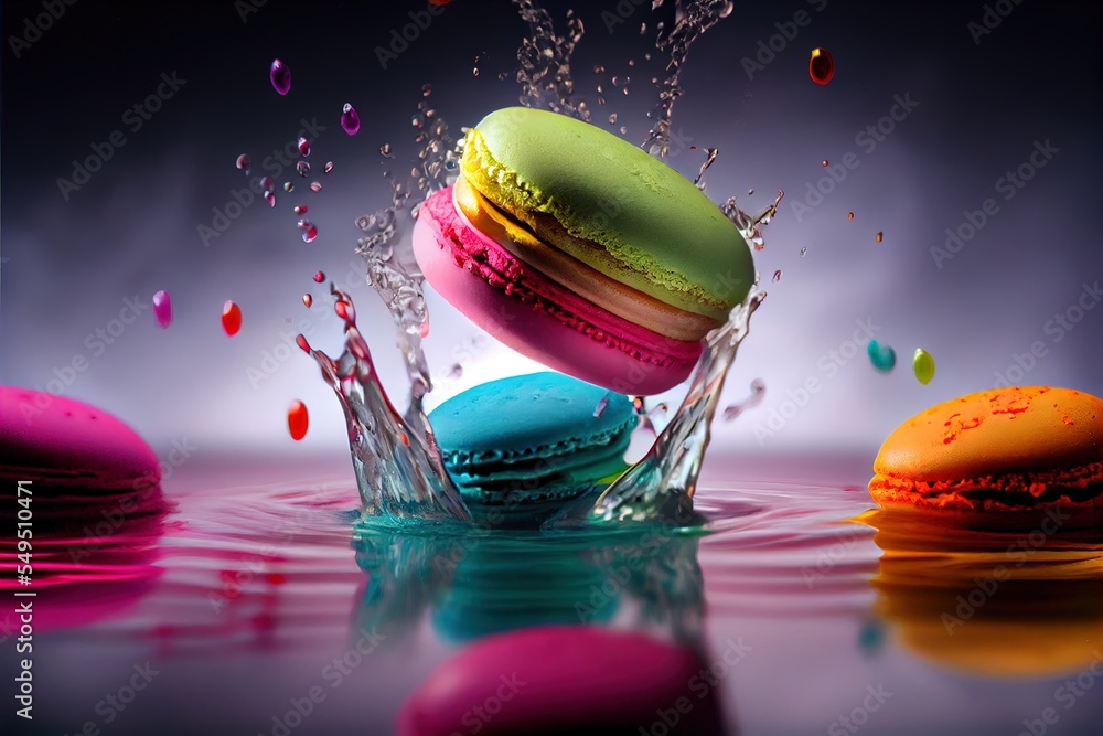 Poster a group of macaroons splashing into the water with splashing droplets on them and on the surface. ge