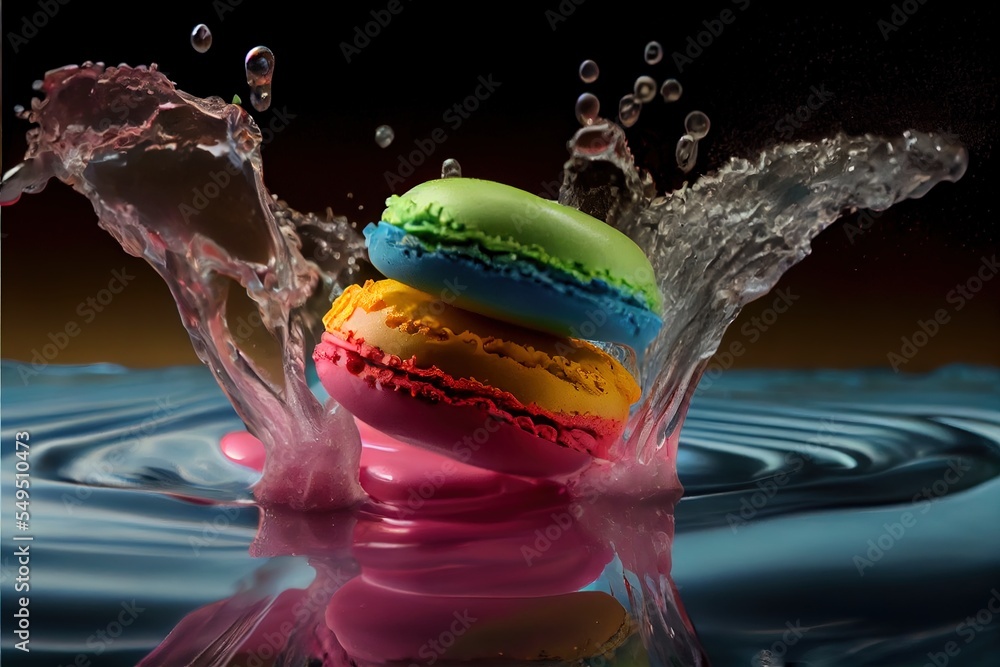 Poster a colorful doughnut splashing out of a blue pool of water with a splash of water on it. generative a