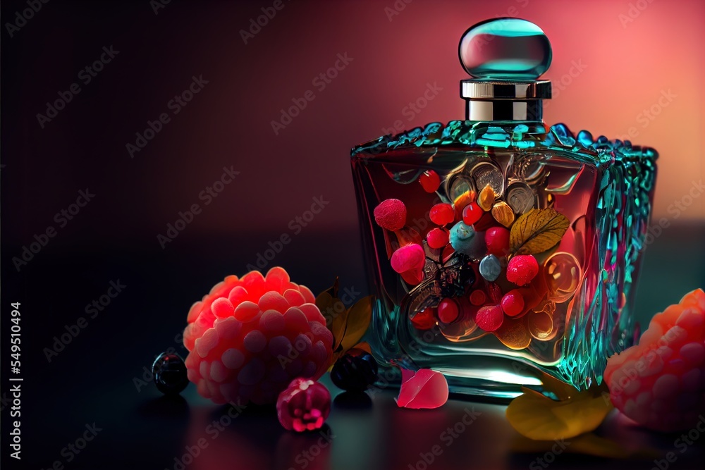 Poster a bottle of perfume with berries and leaves on a table next to it and a flower arrangement on the ta