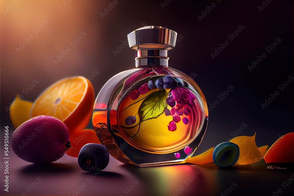 Poster a bottle of perfume surrounded by fruit and a grapefruit on a table top with a dark background. gene