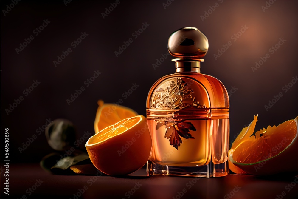 Poster a bottle of perfume surrounded by oranges and leaves on a table top with a dark background and a few