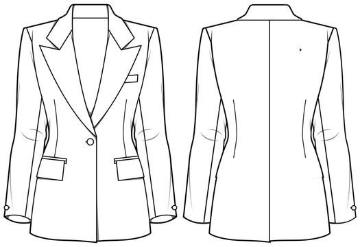 Women's Notch lapel blazer coat flat sketch fashion illustration front and back view, Work wear single breast coat suit with button technical drawing vector template. Formal wear coat