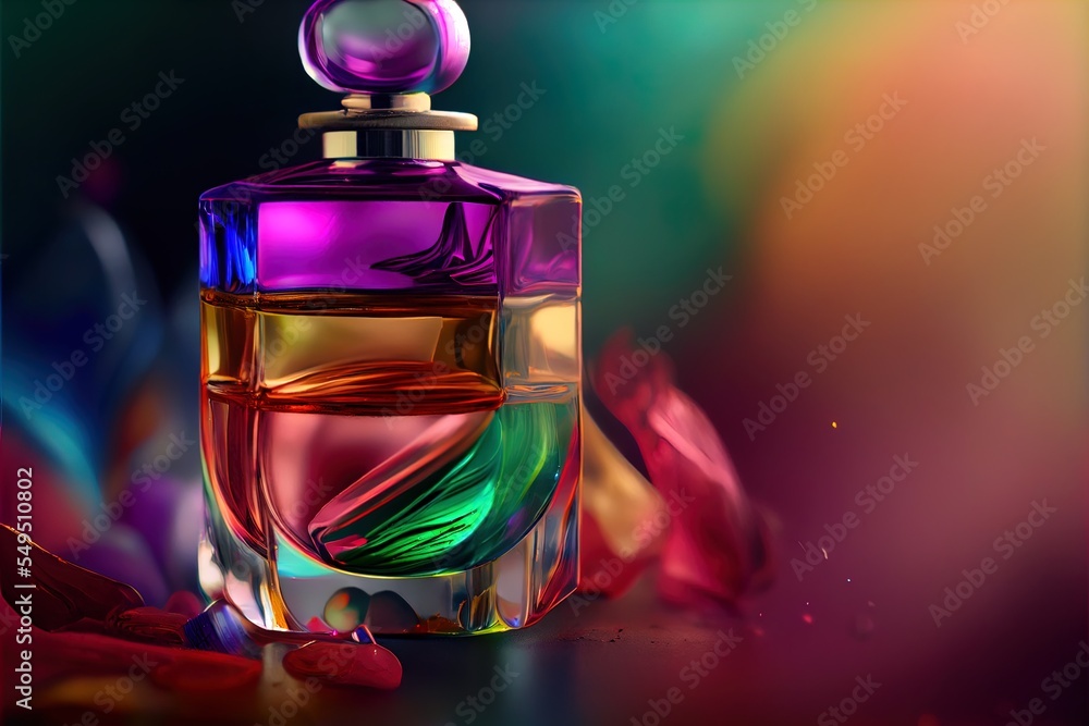 Poster a colorful bottle of perfume on a colorful background with a splash of paint on the floor and a flow