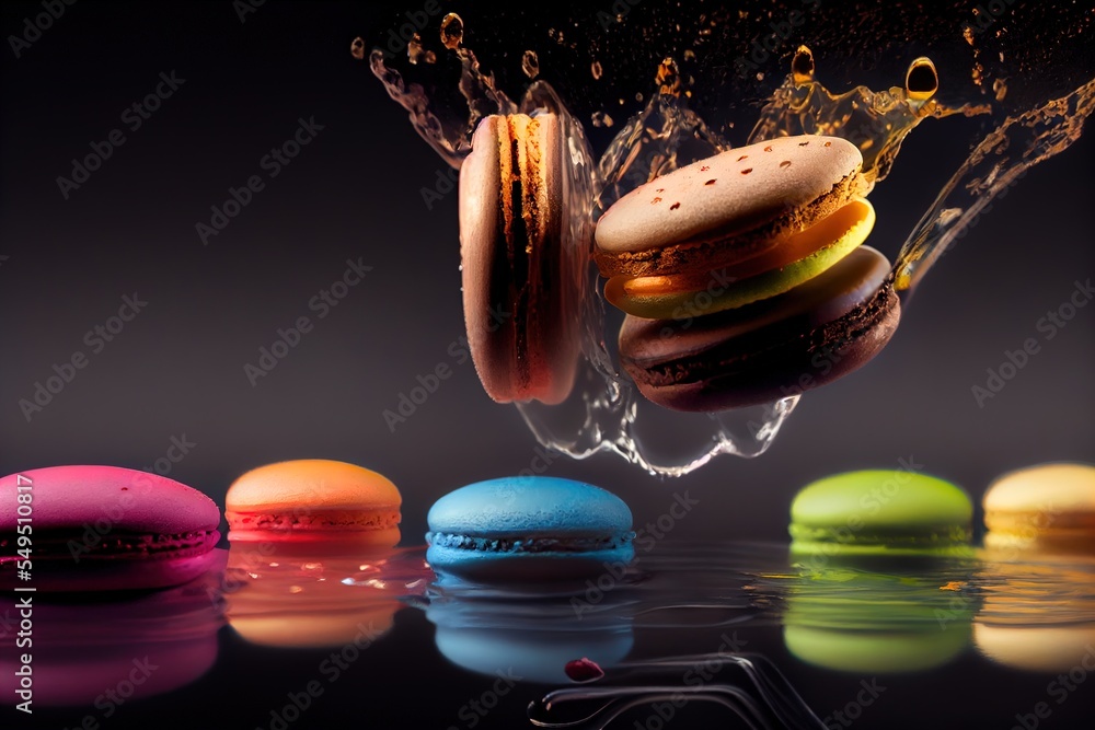 Poster a group of macaroons are falling into the water and splashing on them. generative ai