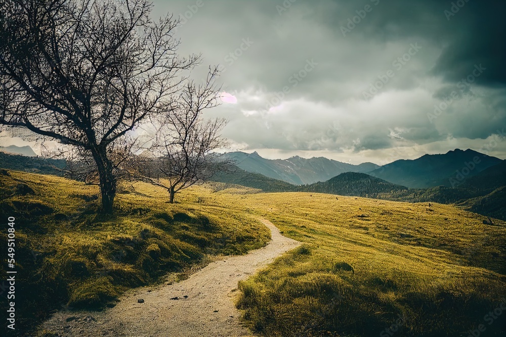 Poster a dirt path winds through a grassy field with a tree in the foreground and mountains in the backgrou