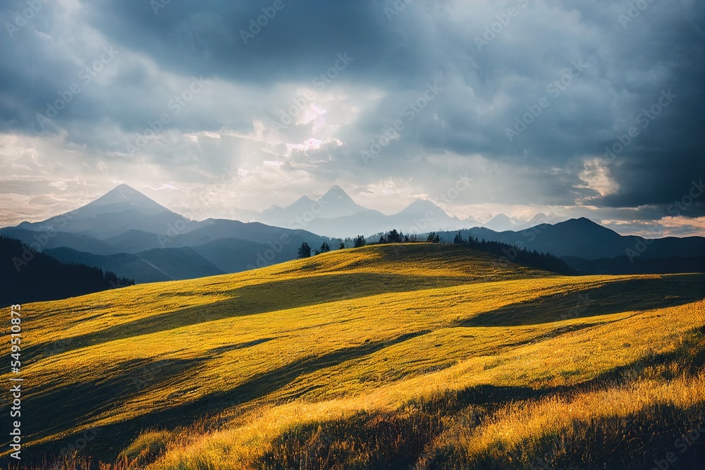 Poster a field with a mountain in the background under a cloudy sky with sun rays coming through the clouds