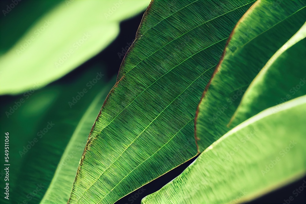 Poster a close up of a green leaf with a black background and a blurry image of the leaves in the backgroun