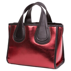 Shiny burgundy or red women's bag with brown handles, isolate