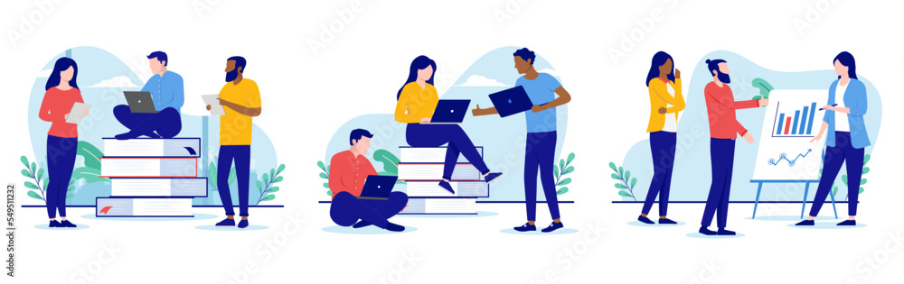 Poster teamwork collection - set of vector illustrations of people working in teams on white background