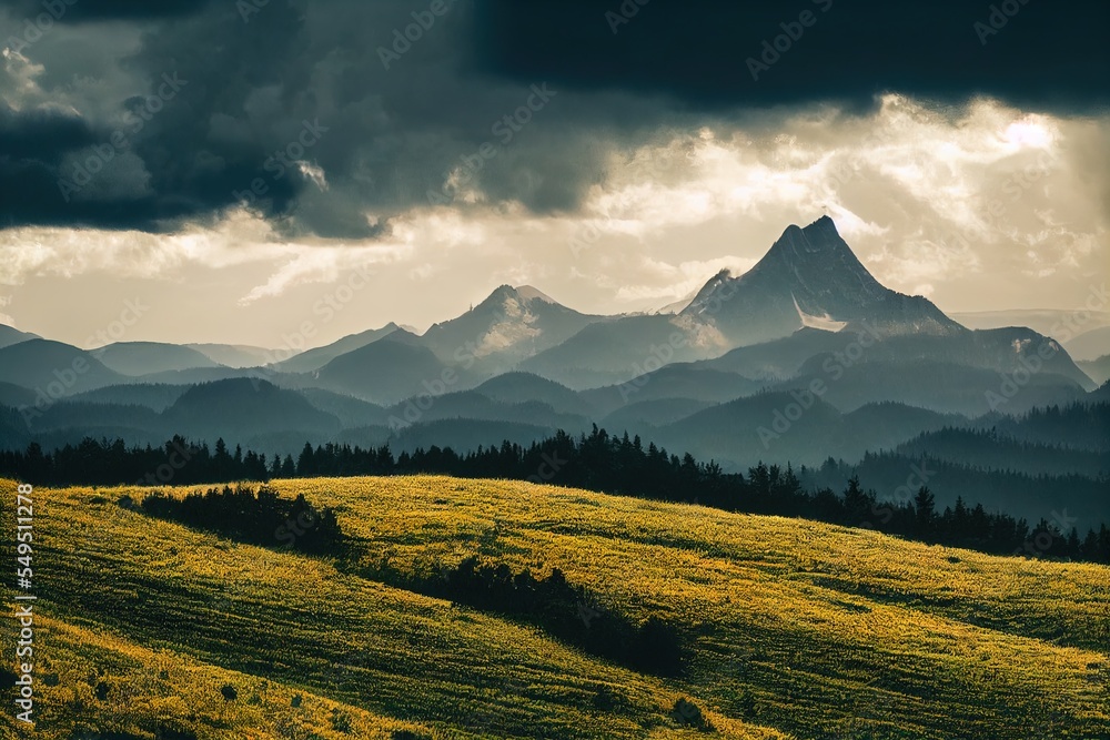 Poster a mountain range with a few trees and a cloudy sky above it and a grassy field below it with a few t