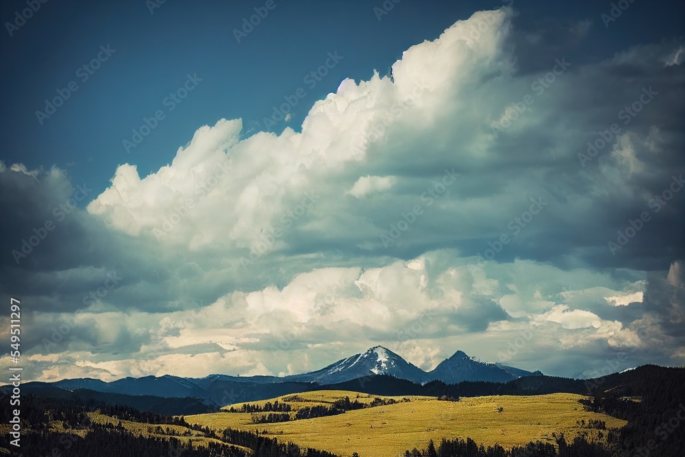 Poster a mountain range with a few clouds in the sky and a few trees in the foreground and a few mountains 