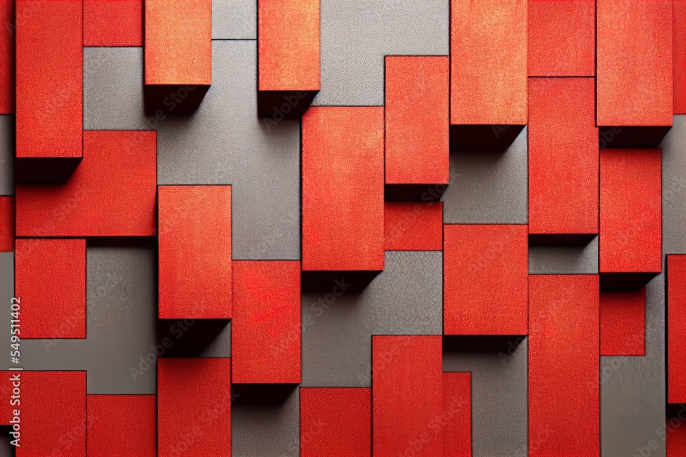 Poster a red and grey wall with a pattern of squares on it's sides and a red clock on the wall. generative 