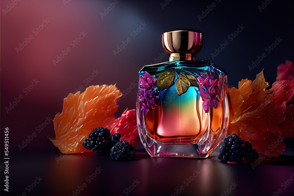 Poster a bottle of perfume with leaves and berries around it on a table with a purple background and a red 