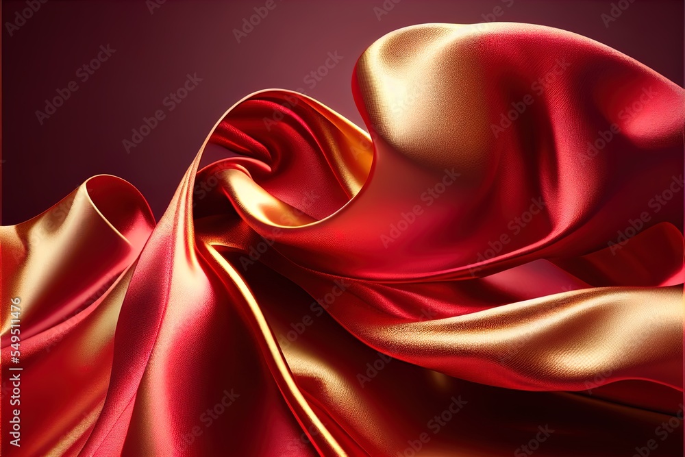 Poster a red and gold silk fabric with a red background and a red square frame with a gold border on the bo