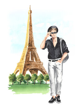 Tourist and Eiffel Tower in Paris. Welcome to France, travel card concept. Hand drawn watercolor illustration  isolated on white  background