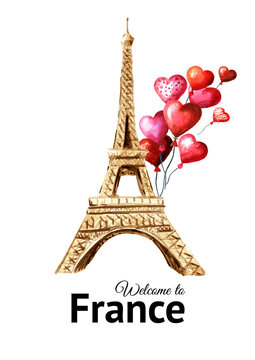 Eiffel Tower  with balloons hearts. Hand drawn watercolor illustration, isolated on white  background