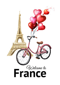 Eiffel Tower and Bicycle. Welcome to France card concept. Hand drawn watercolor illustration  isolated on white  background