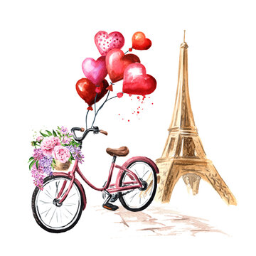 Eiffel Tower and Bicycle. Welcome to France card concept. Hand drawn watercolor illustration, isolated on white  background
