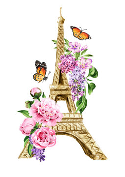 Eiffel Tower and bouquet of flowers. From Paris with love card concept. Hand drawn watercolor illustration, isolated on white  background