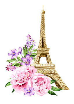 Eiffel Tower and bouquet of flowers. Welcome to France card concept. Hand drawn watercolor illustration  isolated on white  background