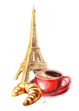 Eiffel Tower and coffee with croissant. Welcome to France card concept. Hand drawn watercolor illustration  isolated on white  background