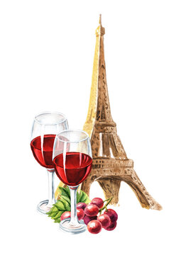 Eiffel Tower and glass of wine. Hand drawn watercolor illustration  isolated on white  background