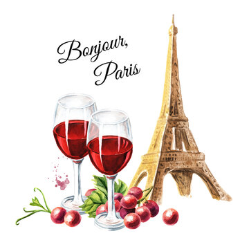 Eiffel Tower and glass of wine. Welcome to France card concept. Hand drawn watercolor illustration  isolated on white  background