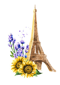 Eiffel Tower and lavender of Provence. Welcome to France card concept. Hand drawn watercolor illustration  isolated on white  background