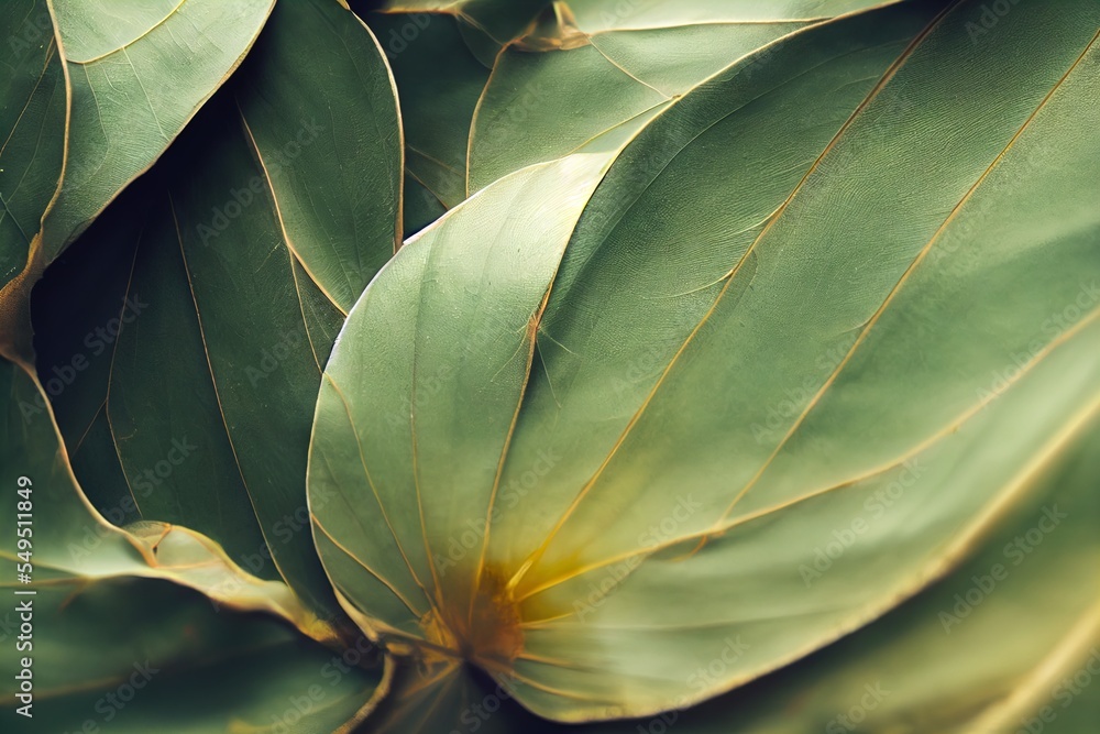 Poster a close up of a green leaf with yellow tips on it's end and a yellow center on the end of the leaf. 