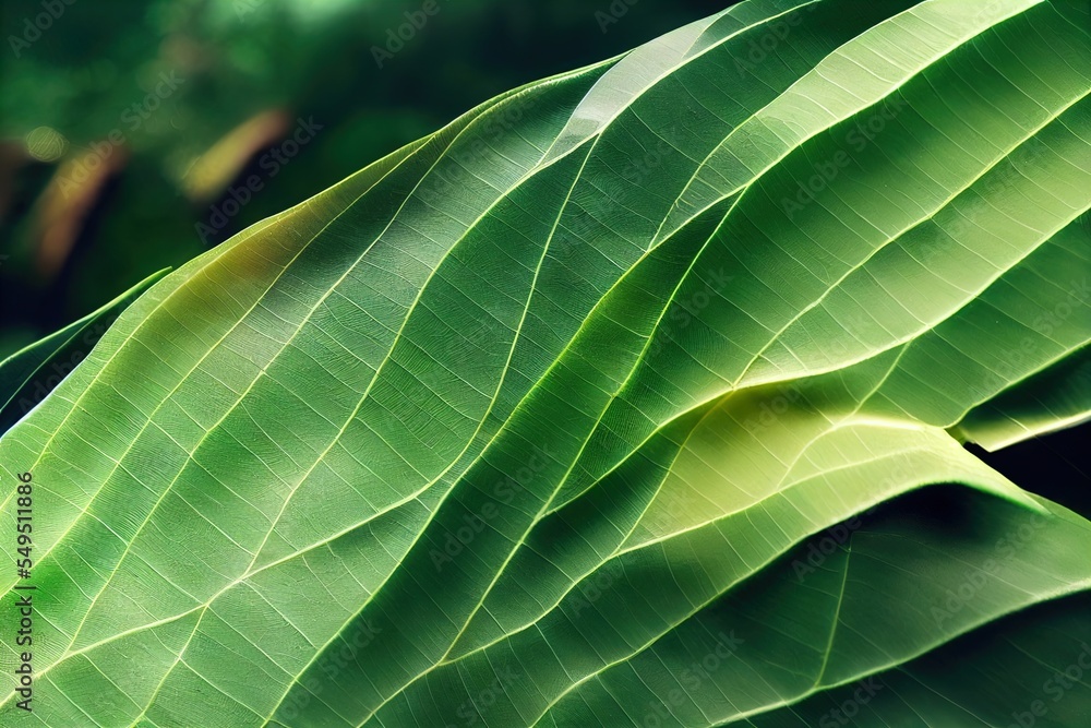 Poster a close up of a green leaf with a blurry background of trees in the background and a blurry backgrou