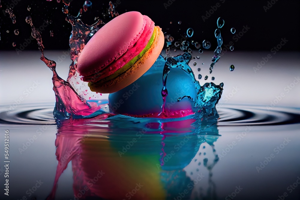 Poster a macaroon falling into a puddle of water with a splash of water on it's surface. generative ai