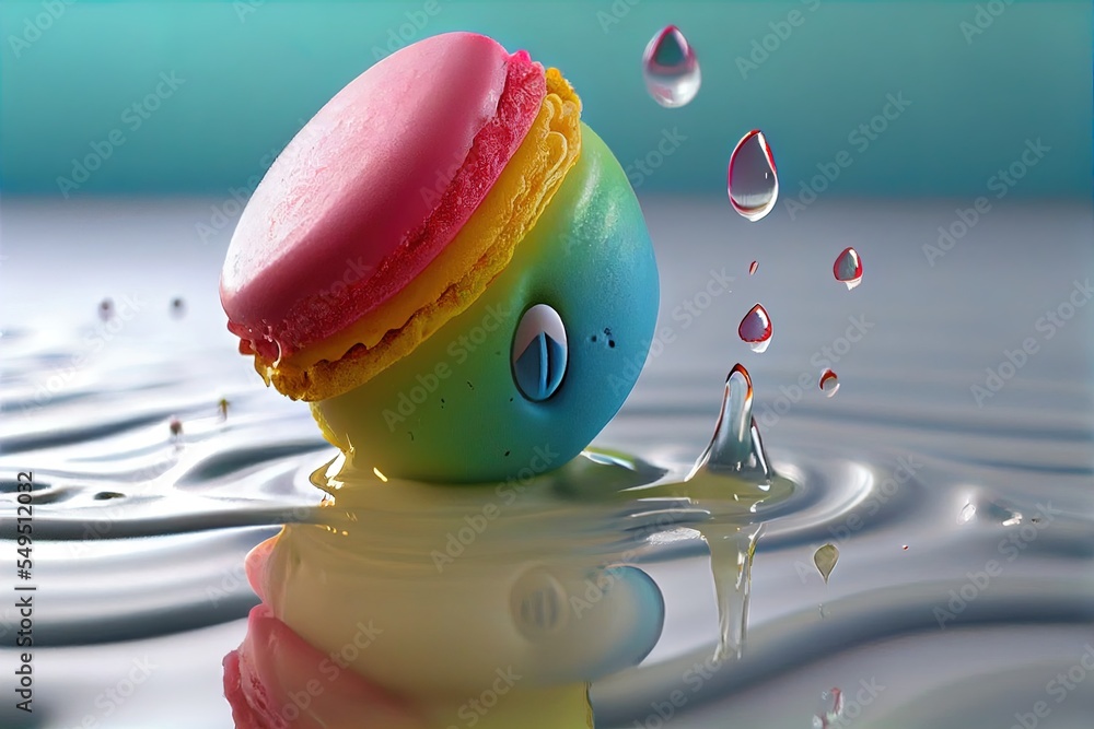 Poster a colorful doughnut with a face on top of it in water with drops of water around it and a blue sky b