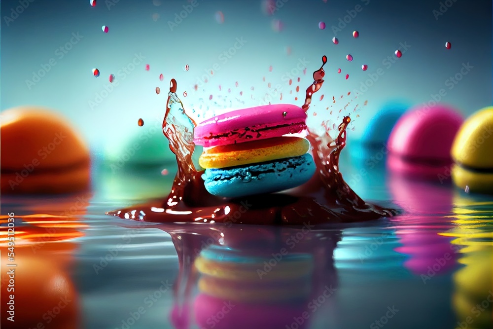 Poster a colorful cake splashing into a puddle of water on a table top with other colorful cakes in the bac