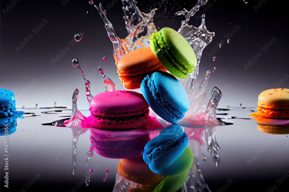 Poster a group of macaroons splashing into a puddle of water on a reflective surface with a splash of water