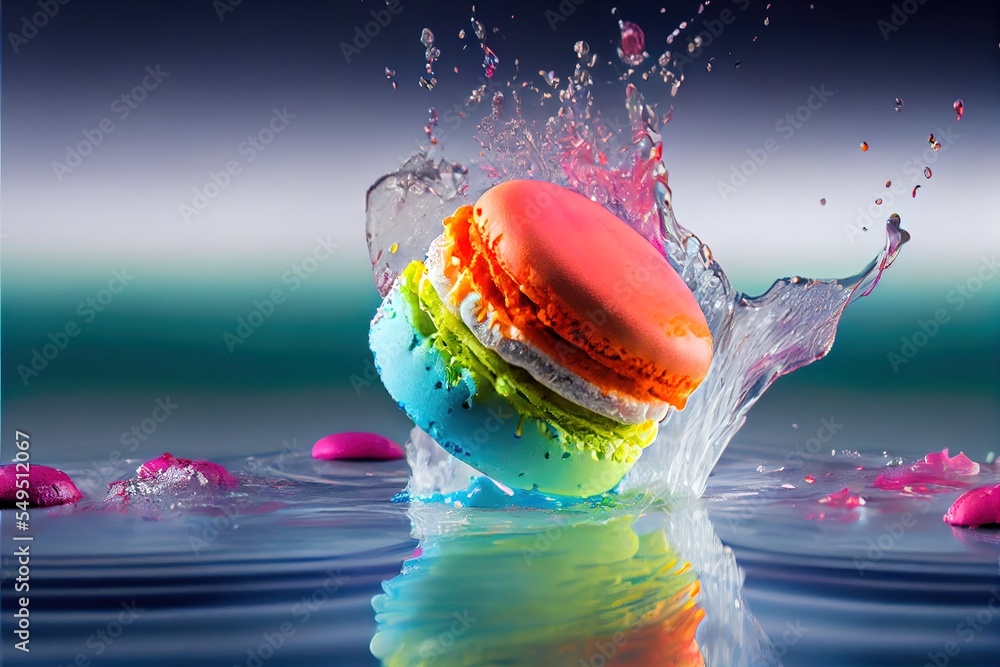 Poster a colorful macaroni and cheese splashing into the water with a blue background and a white border. g