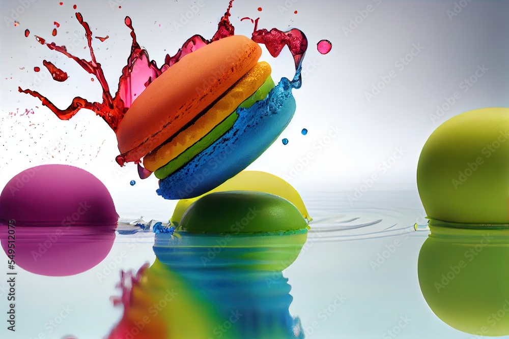 Poster a rainbow colored doughnut falling into a pool of water with a splash of paint on it and a rainbow c