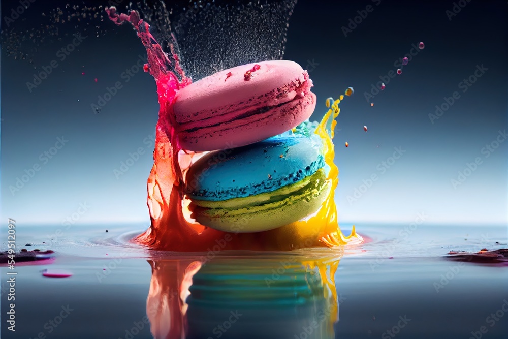 Poster a colorful doughnut splashing into a puddle of water on a blue background with a reflection of the d