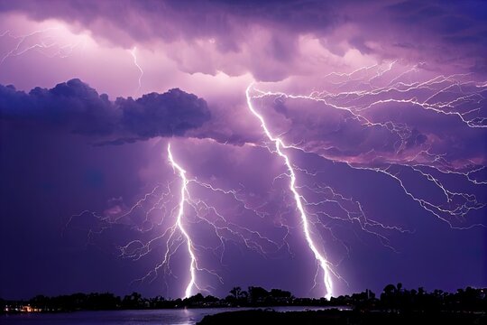  a large group of lightning strikes over a lake at night time with purple lighting and a dark sky with clouds. Generative AI