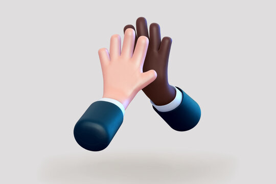 3D cartoon high five gesture: black and white hands claping. Concept of business success, friendship and teamwork. Emoji icon of clap businessman's hands on light background. Vector illustration.