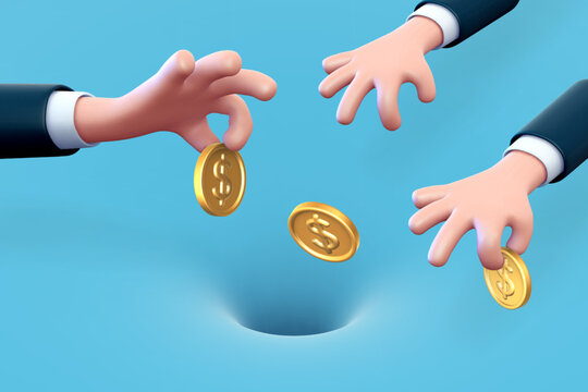 3D cartoon businessman's hands throw golden coins in bottomless hole. Concept of failed investment and taxes paying. Human hands throw cash money in moneybox. Funny cartoon icon, vector illustration.