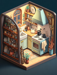 Interior of a doll house's kitchen, miniature diorama illustration.