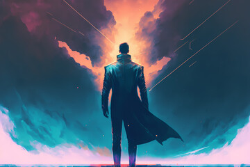 man silhouette with coat standing in front of blue beam futuristic dream, illustration design art style 
