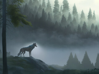 A lone wolf in the foggy woods, digital illustration
