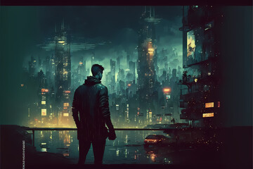 Fototapeta na wymiar Cyberpunk City Landscape a young man looking at the megacity, concept digital art, illustration 