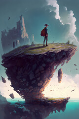 person with backpack on the top of a flying mountain nature, concept success, illustration design art style 