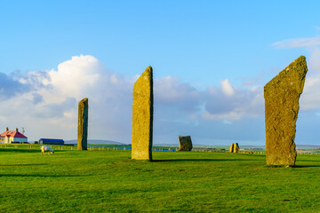 Sunset view of the Standing Stones of Stenness, Orkney Islands