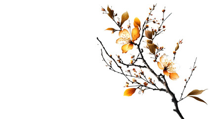 Blooming apricot tree branch on white background. Spring blossom illustration. White flowers blossom on a apricot tree branch on white background.