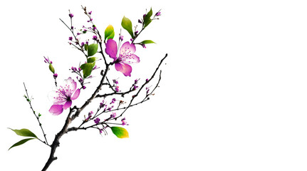 Blooming sakura tree branch on white background. Spring blossom illustration. Pink flowers blossom on a sakura tree branch on white background.
