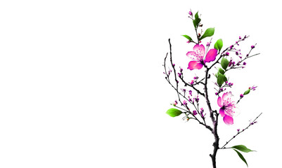 Blooming sakura tree branch on white background. Spring blossom illustration. Pink flowers blossom on a sakura tree branch on white background.