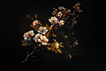 Blooming apricot tree branch on black background. Spring blossom illustration. White flowers blossom on a apricot tree branch on black background.